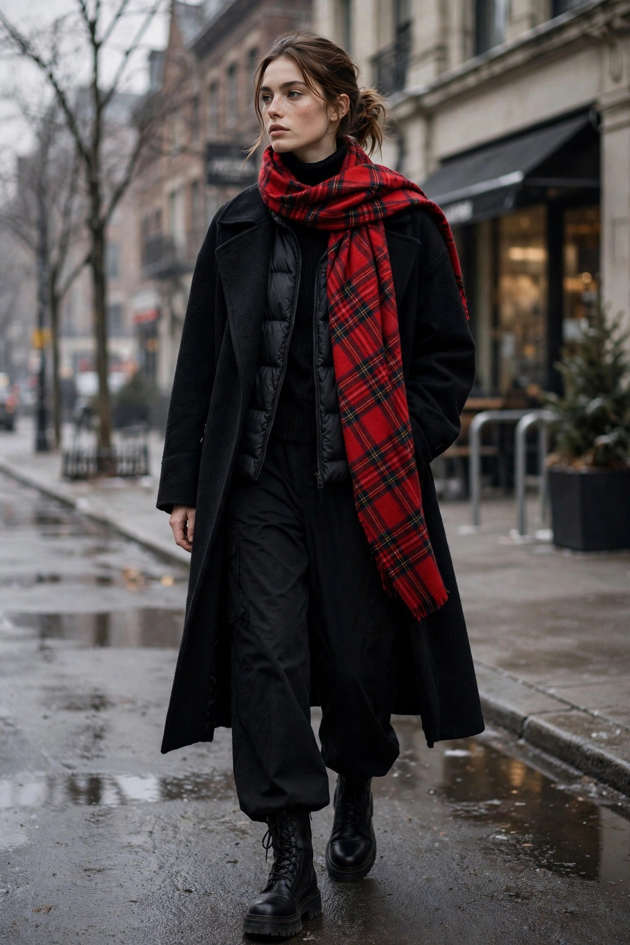 Woman in red plaid scarf over all-black outfit