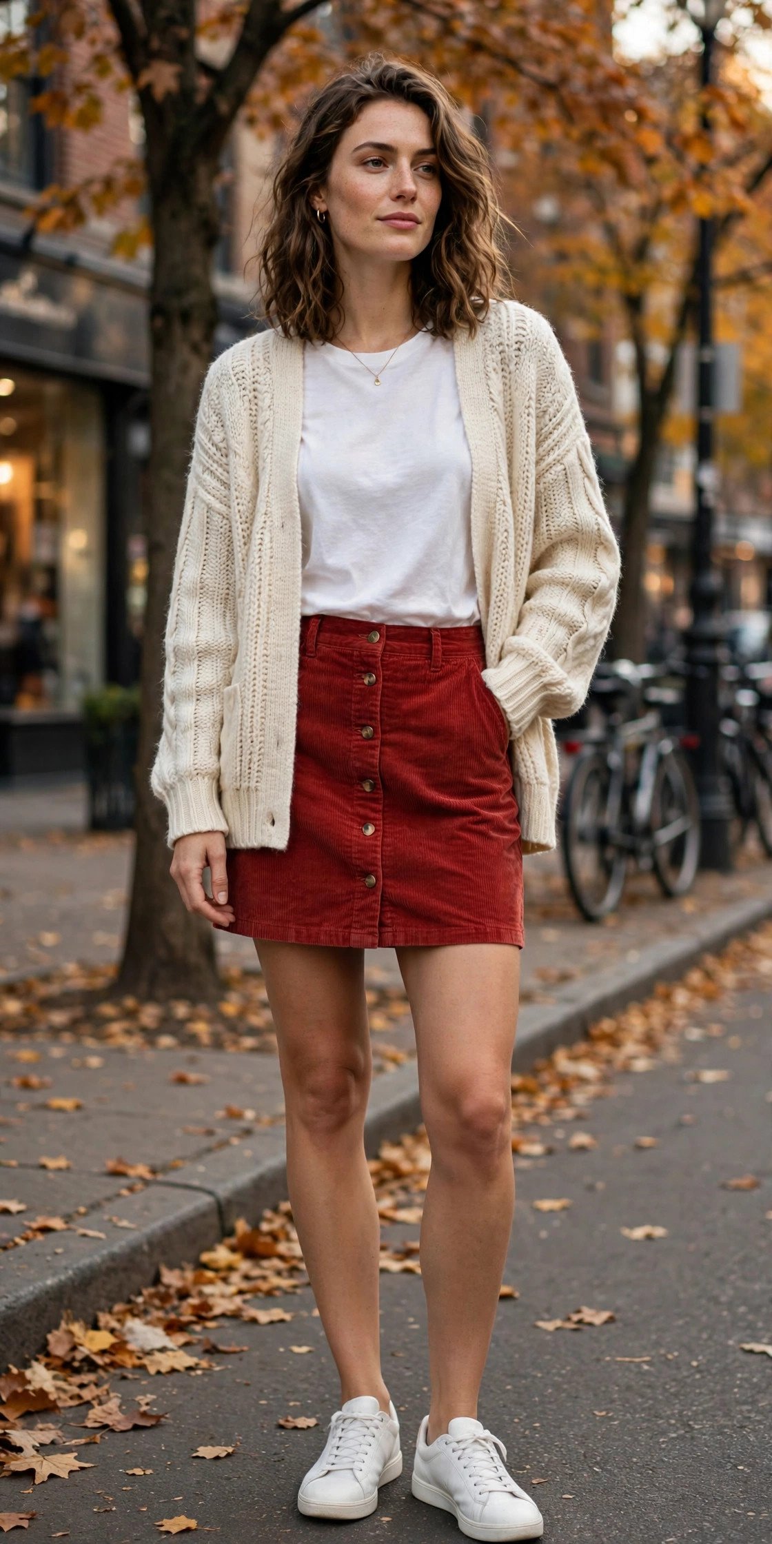 Woman in cardigan, white tee and red corduroy skirt