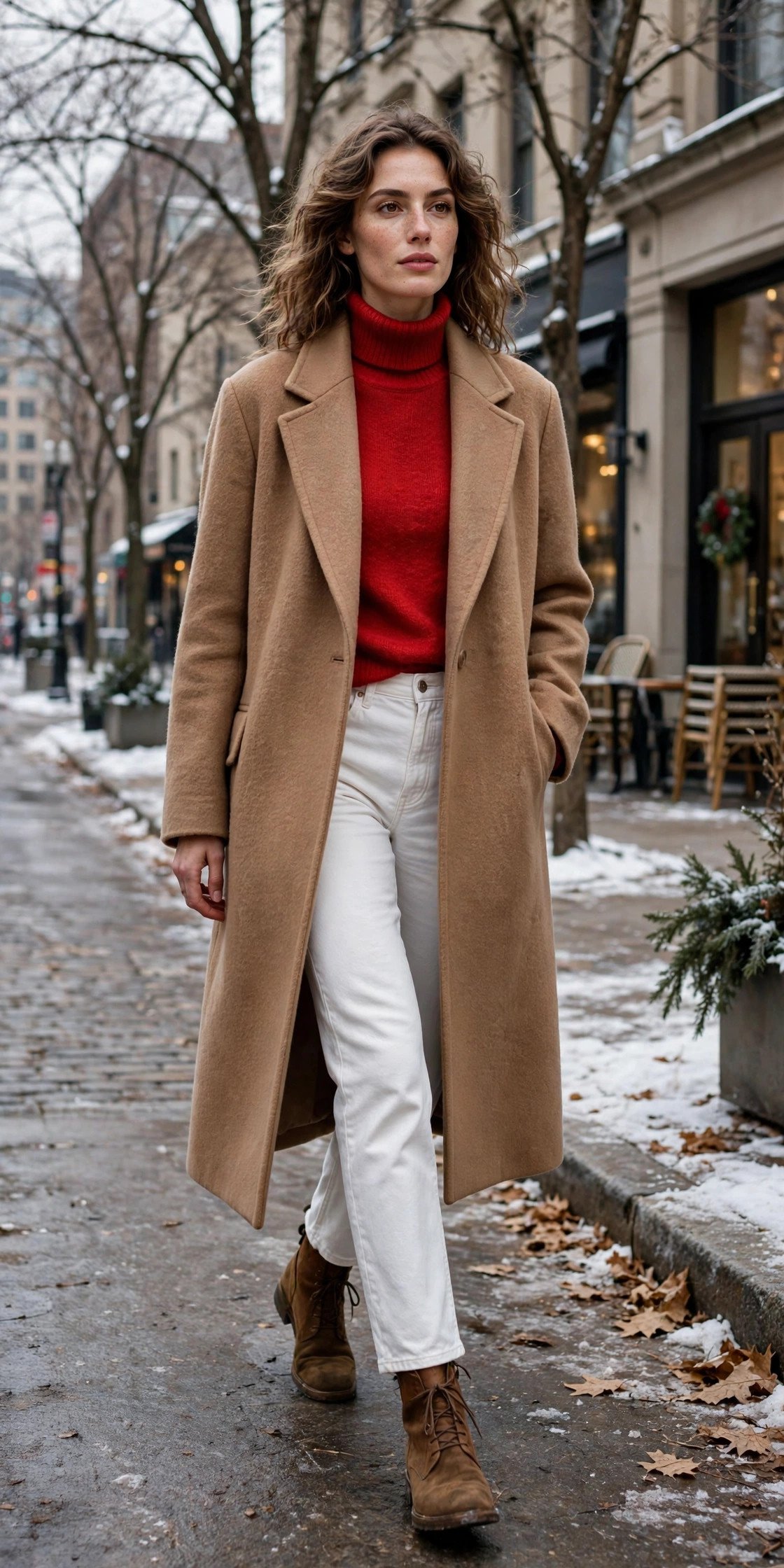 Woman in white jeans, red sweater and camel coat