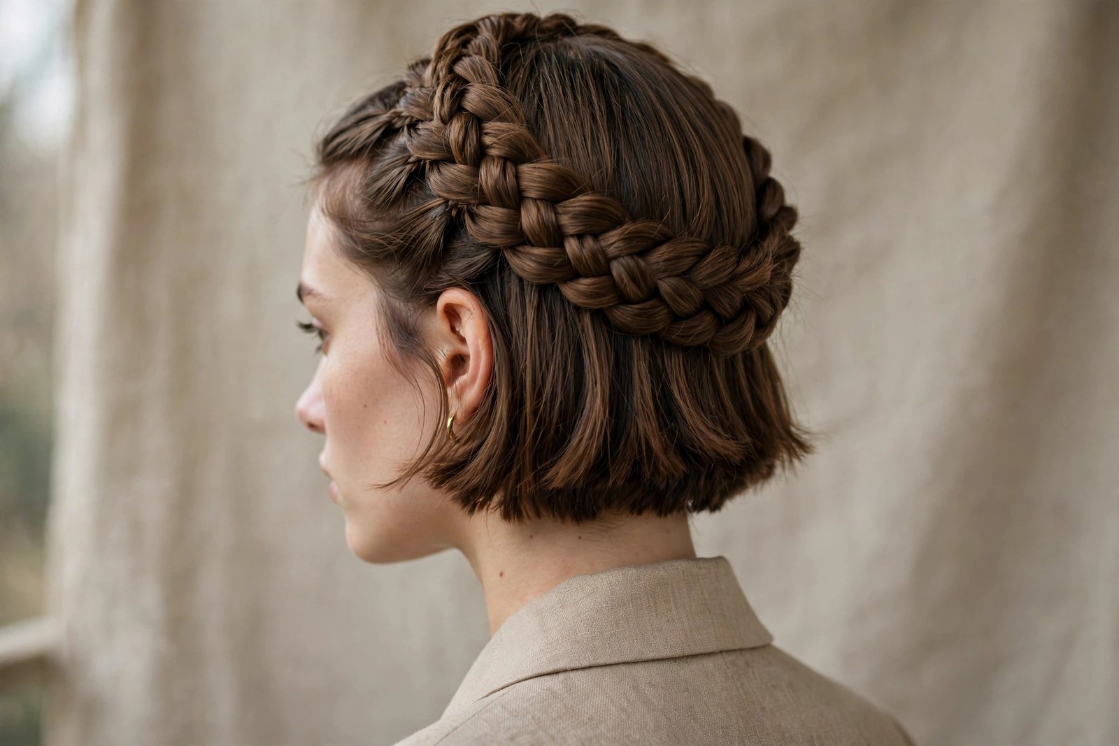 Braided crown headband style on short bob hair