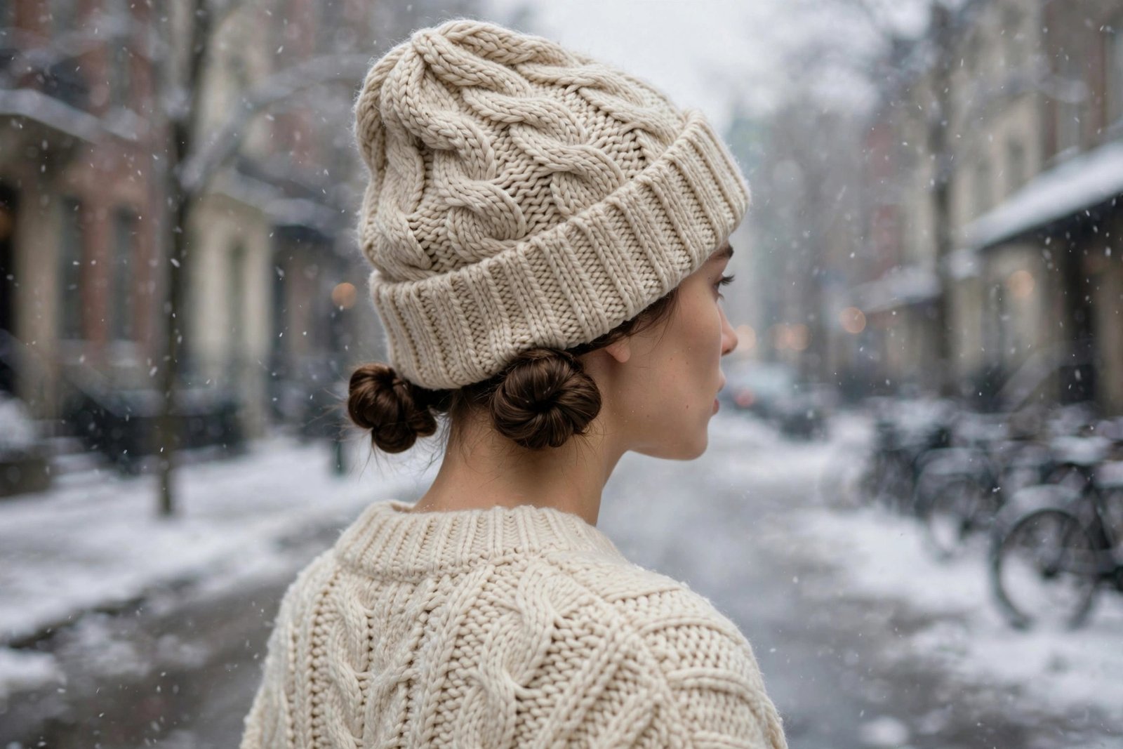 Two low pigtail buns peeking from under a beanie