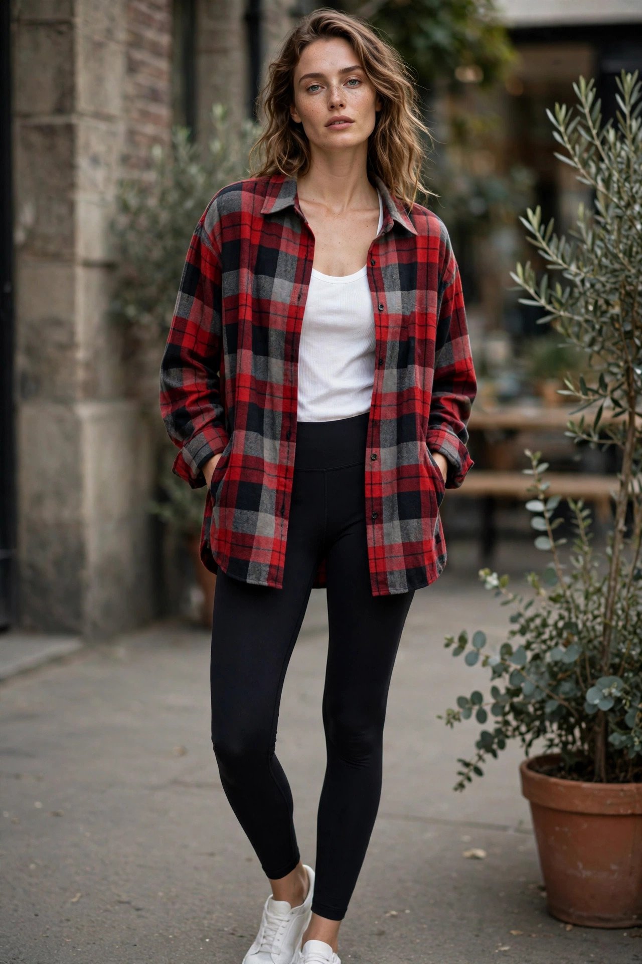 Woman in oversized flannel over white tank and leggings