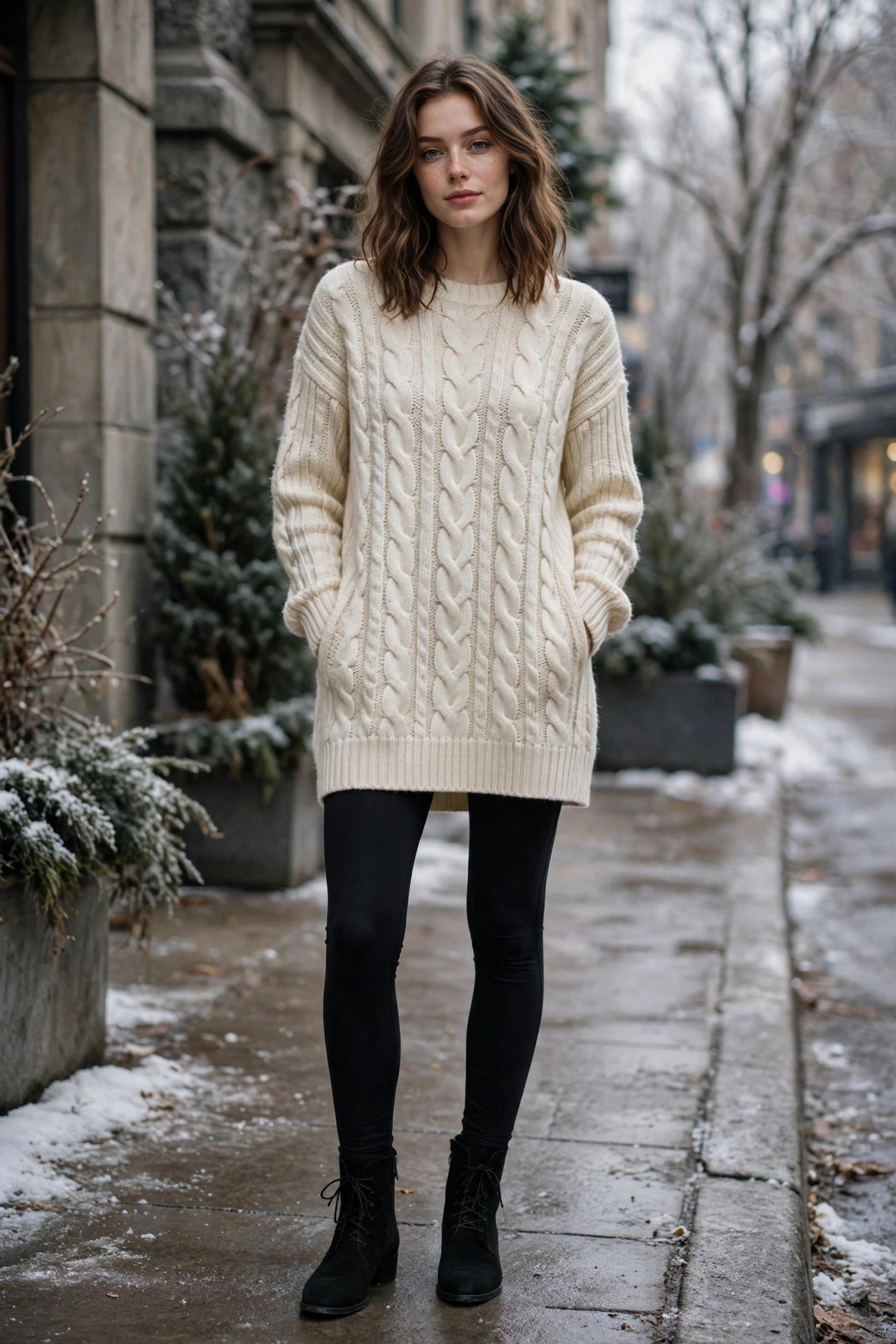 Woman in cable-knit sweater dress over leggings