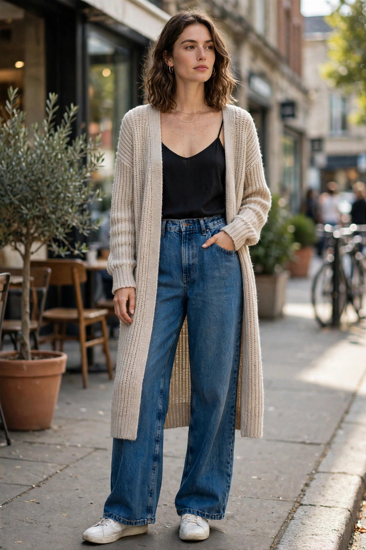 Woman in longline cardigan over camisole and wide-leg jeans