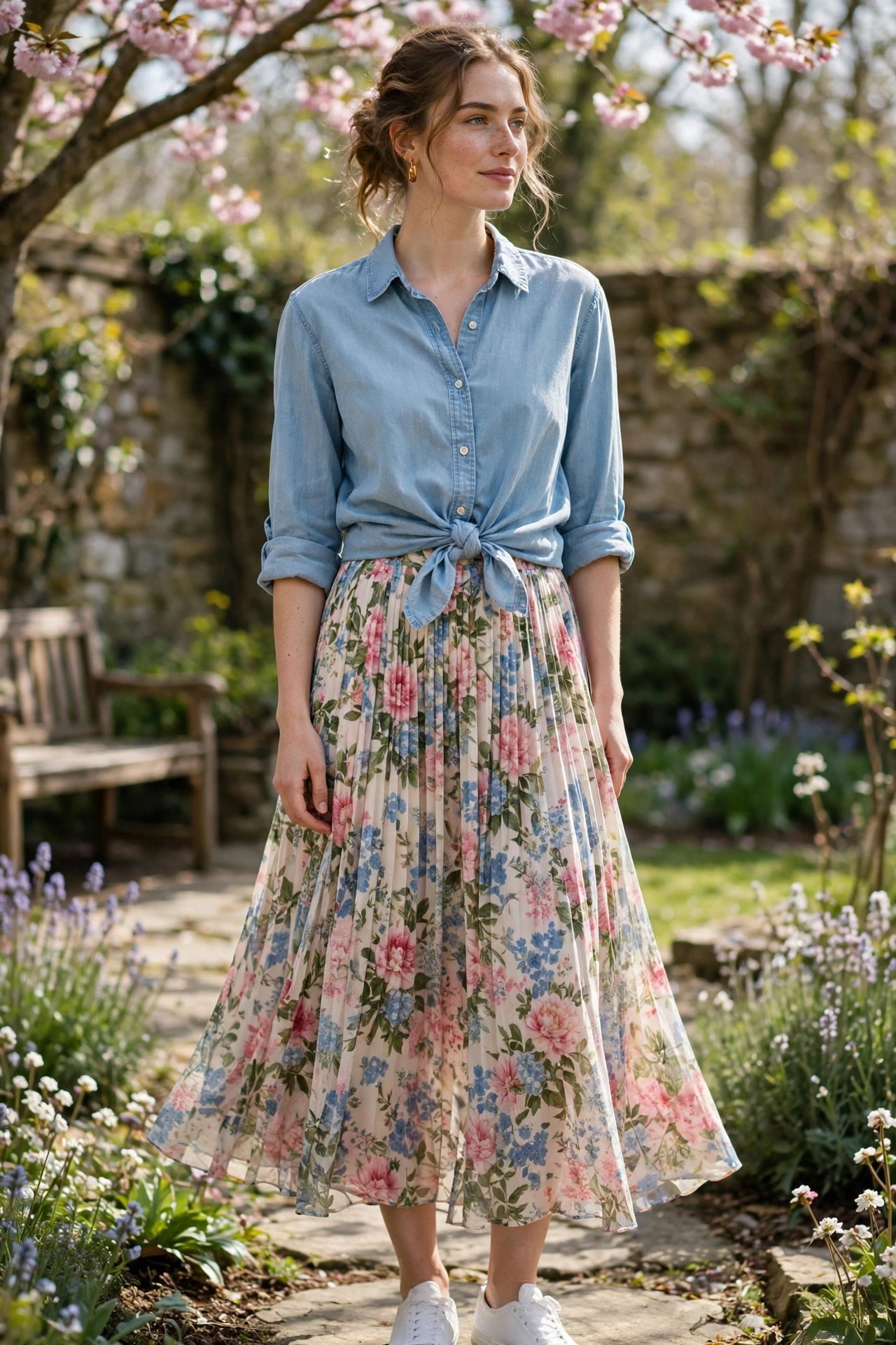 Woman in chambray shirt tied at waist over midi skirt