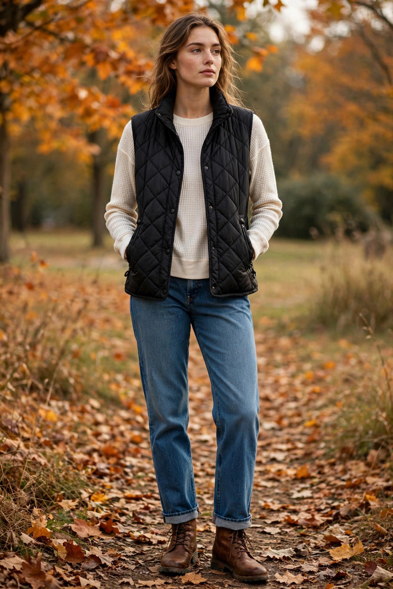 Woman in quilted vest over thermal with straight jeans