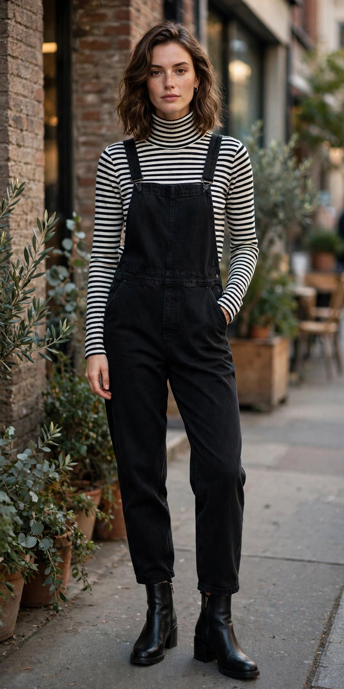 Woman in striped turtleneck, denim overalls and booties