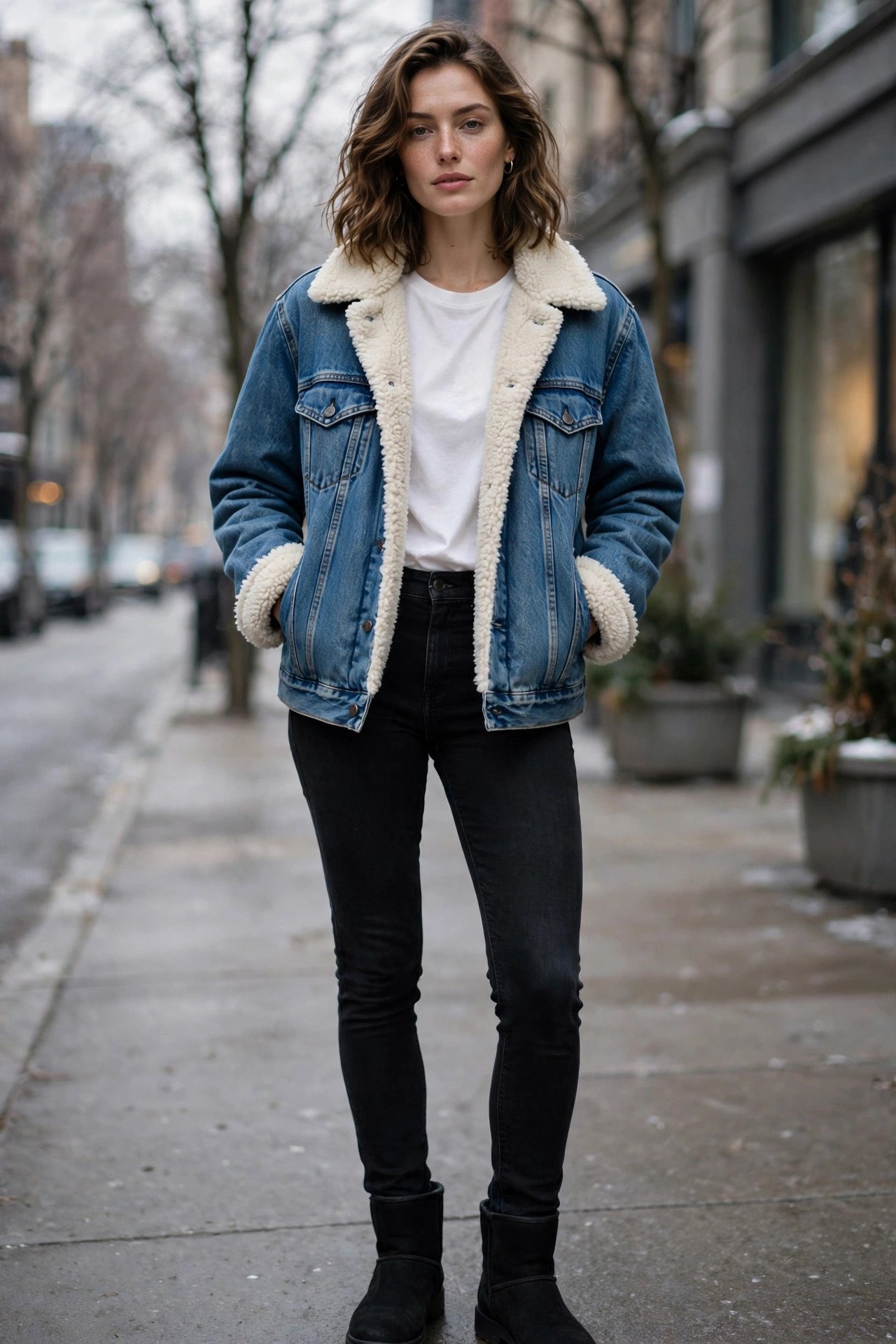Woman in sherpa-lined denim jacket, tee and black jeans