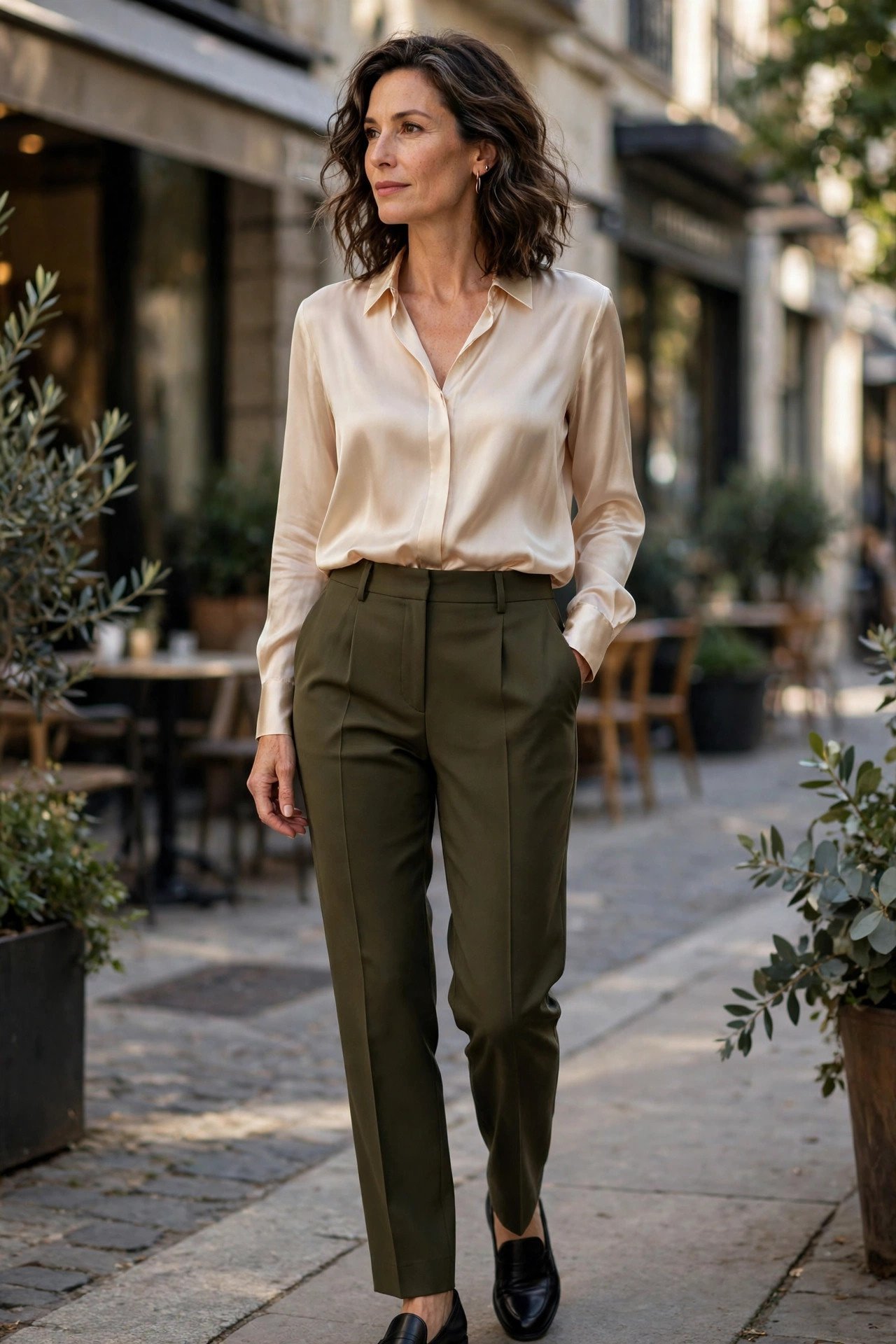 Ivory silk blouse with tailored black trousers festive outfit