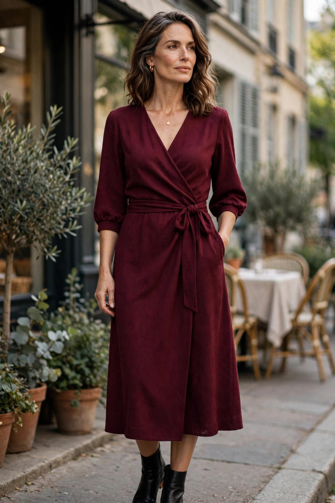 Burgundy wrap dress for holiday party