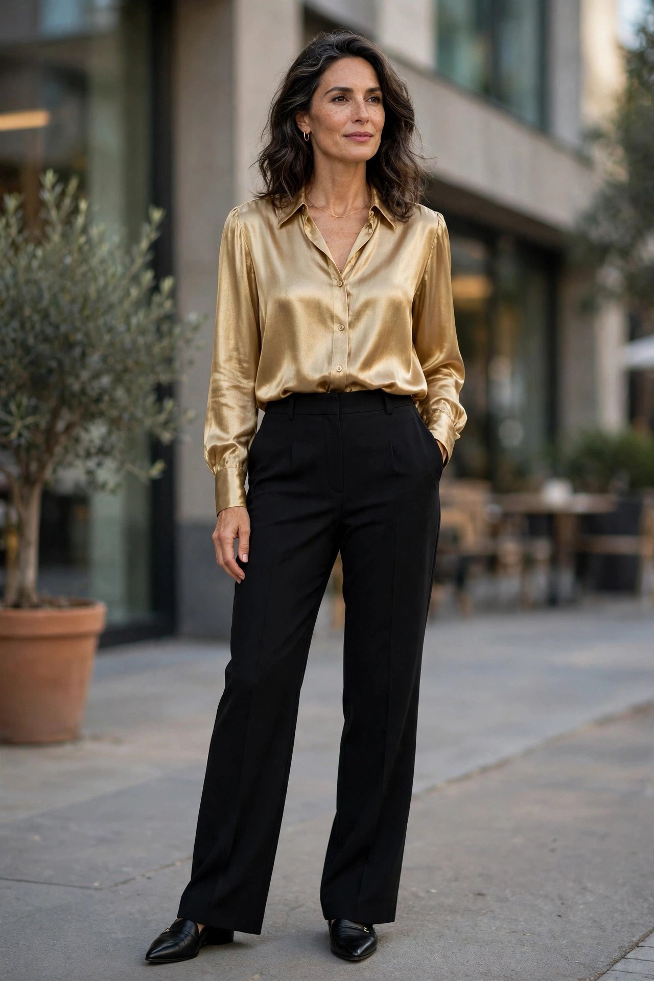 Gold satin blouse with black trousers holiday outfit
