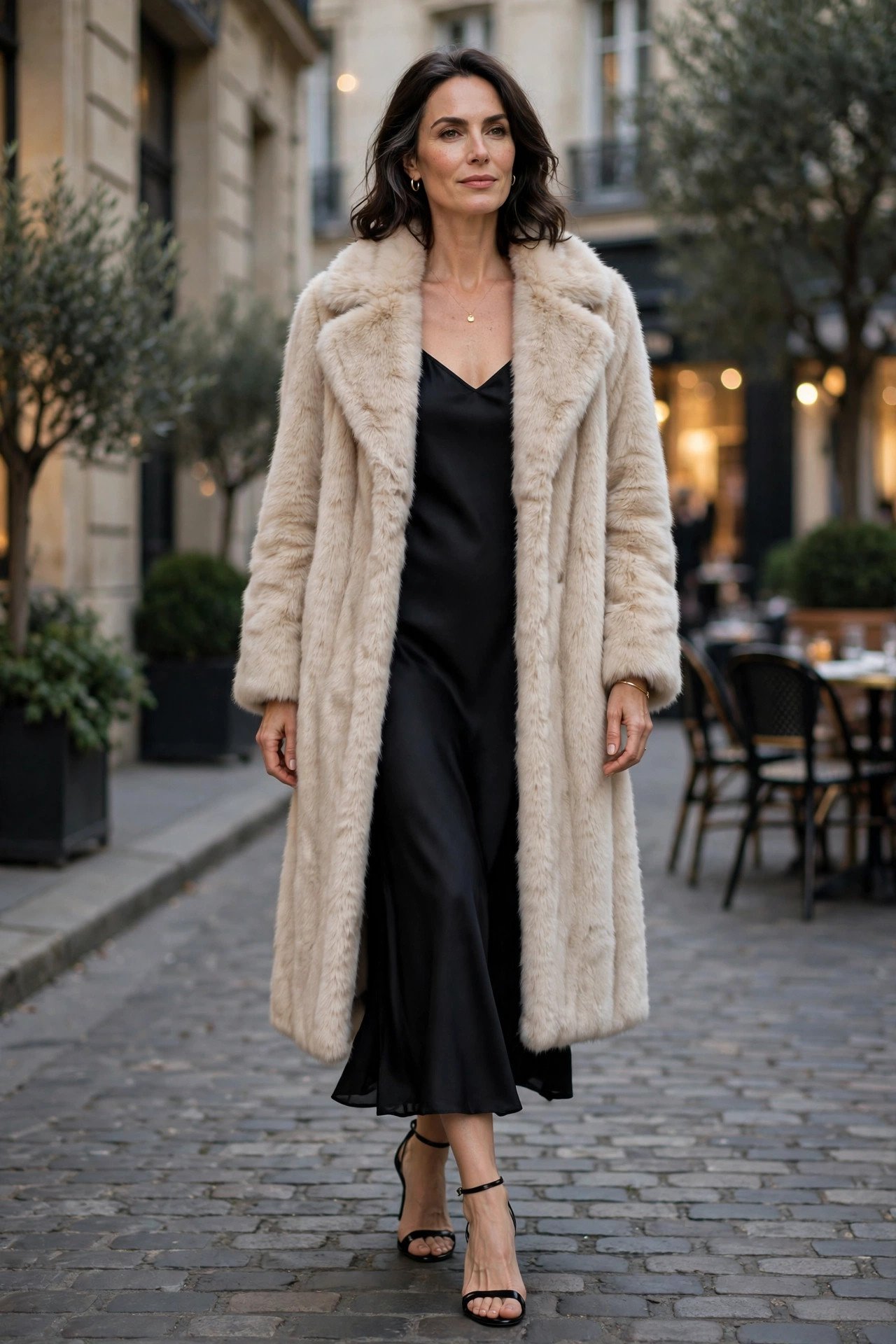 Cream faux fur coat over black evening dress