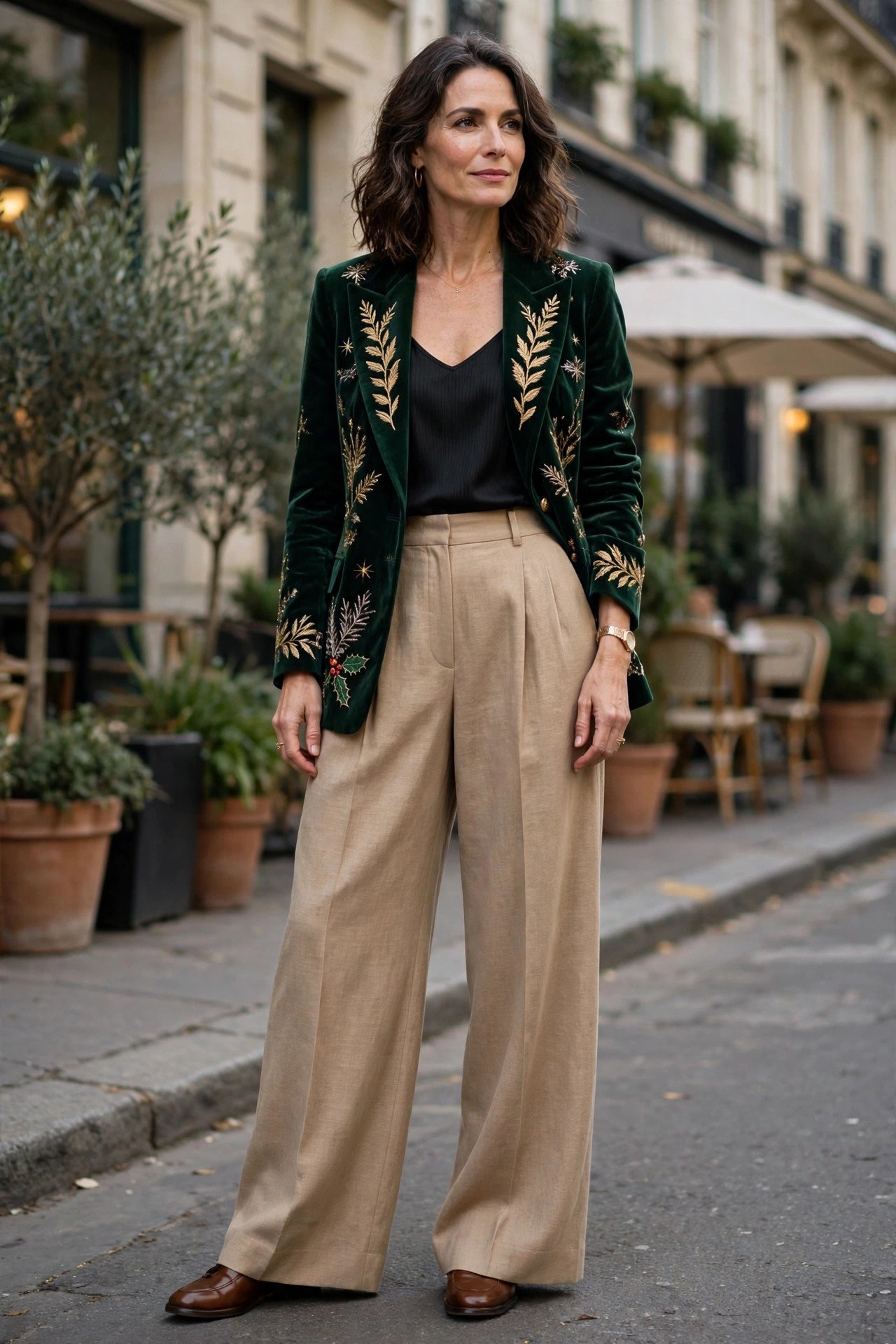 Black wide-leg trousers with burgundy velvet blazer