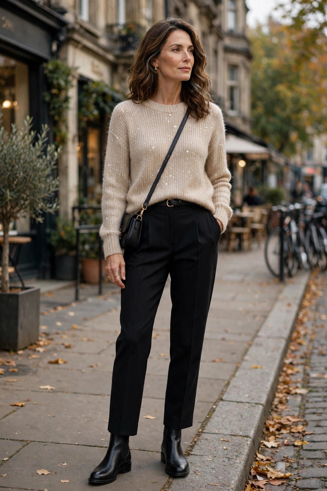 Black knit sweater with subtle gold metallic shimmer