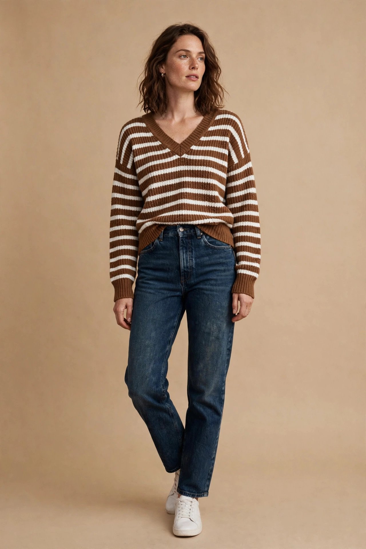 woman in striped knit sweater and dark jeans