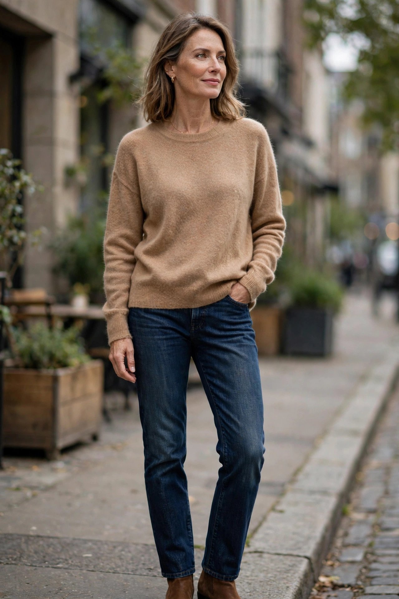 cashmere sweater with dark jeans