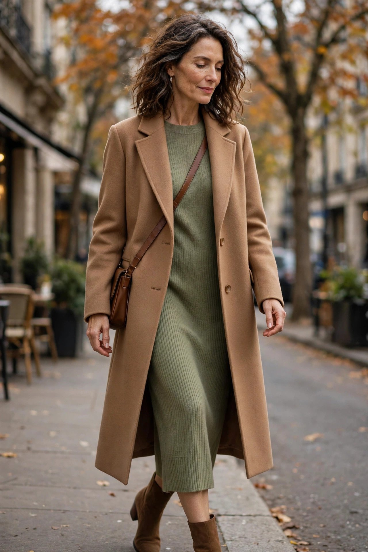 camel coat with knit dress