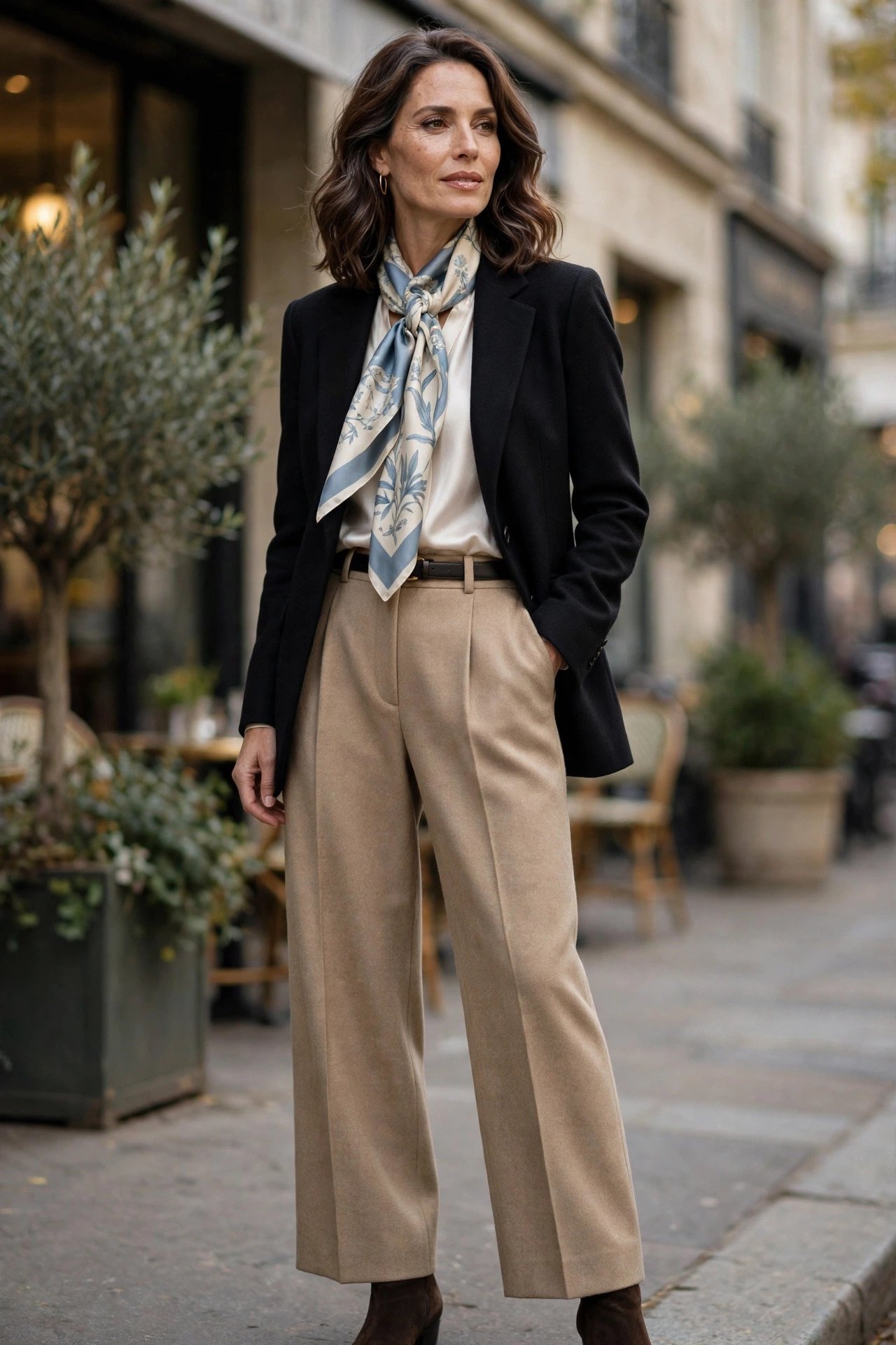 silk scarf styled with tailored outfit