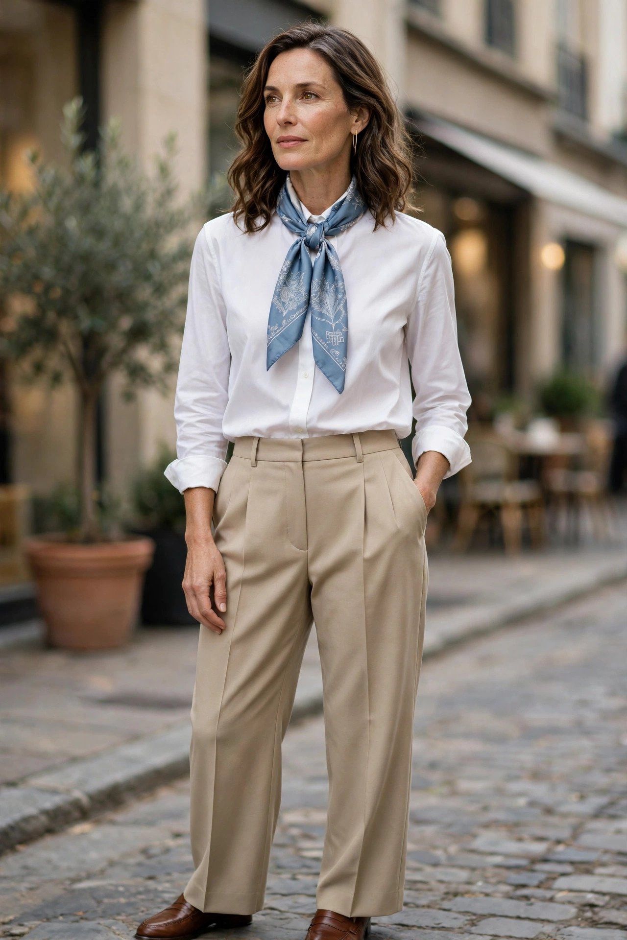 blouse with silk scarf styling