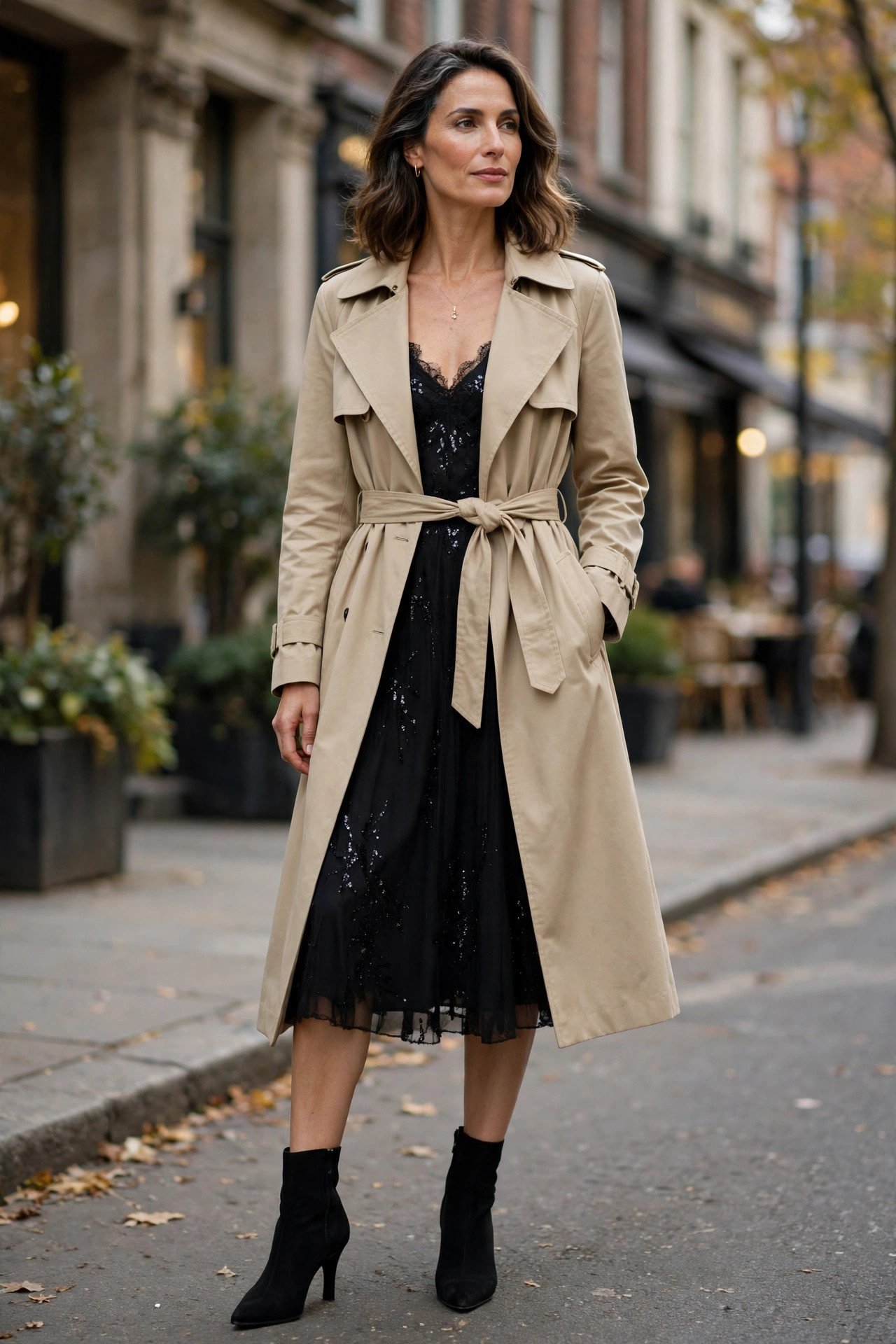 beige trench coat over party dress