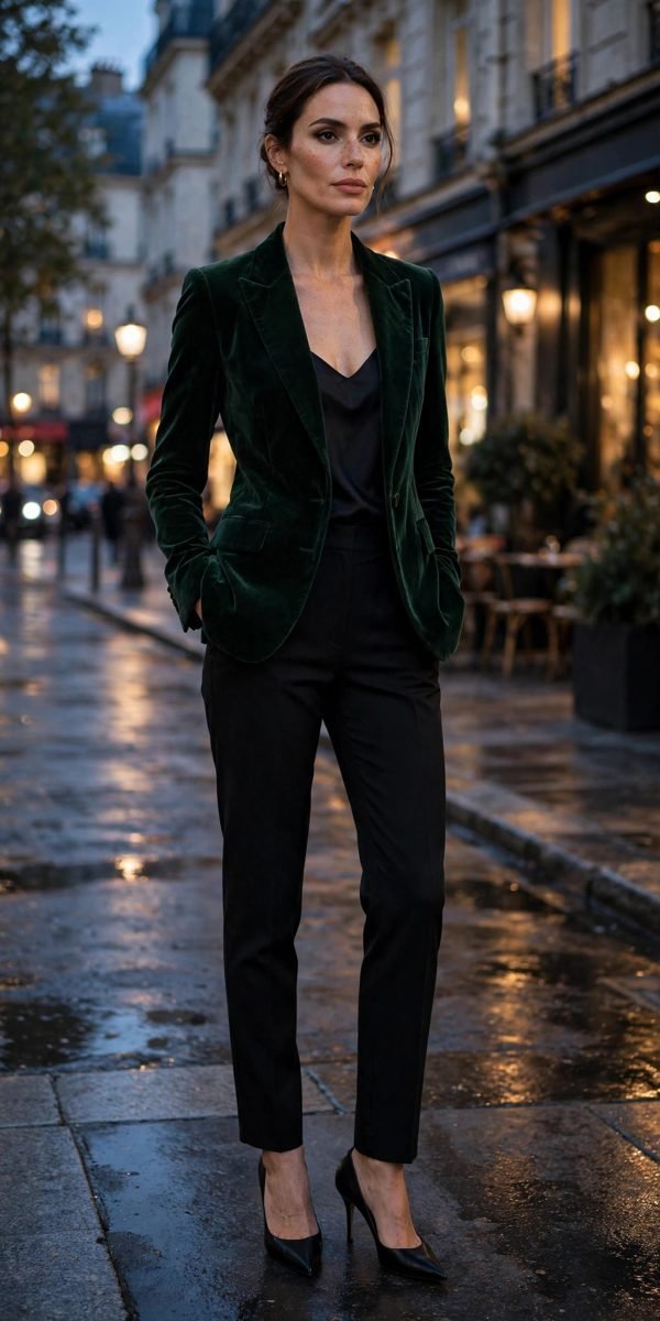 Woman in green velvet blazer with black cigarette pants