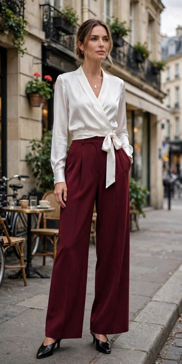 Woman in white satin wrap blouse with burgundy trousers