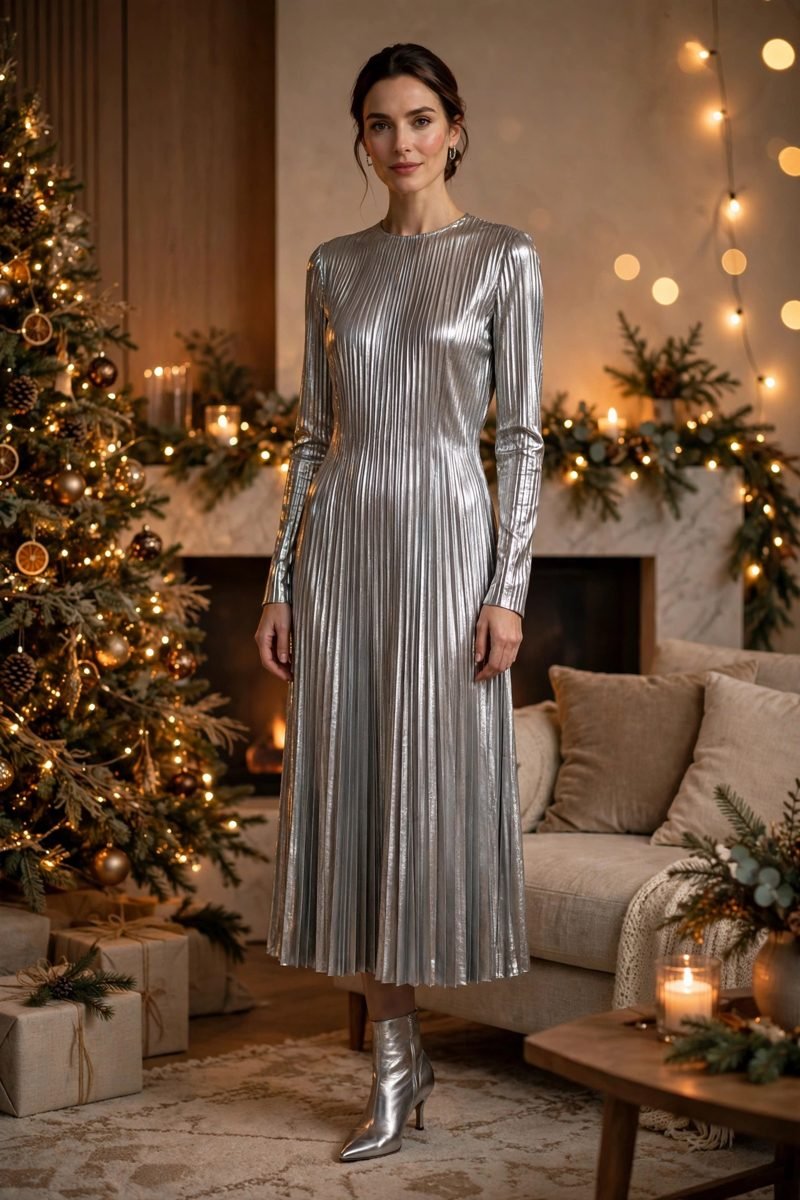 Woman in silver metallic pleated dress