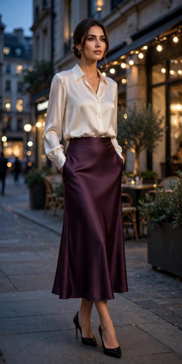 Woman in plum satin midi skirt with ivory blouse