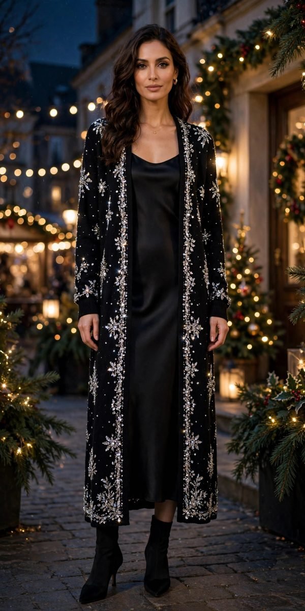 Woman in crystal-embellished cardigan over black slip dress