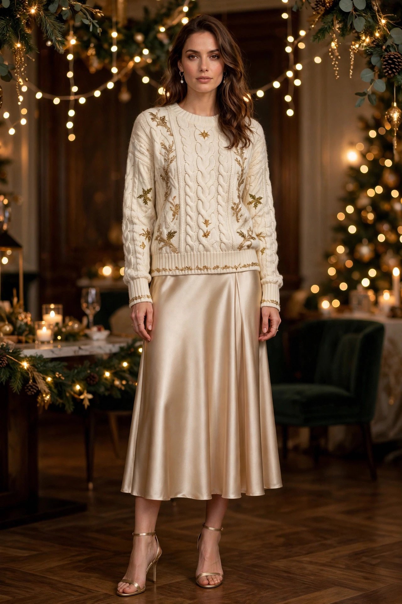 Festive Christmas sweater with a satin skirt