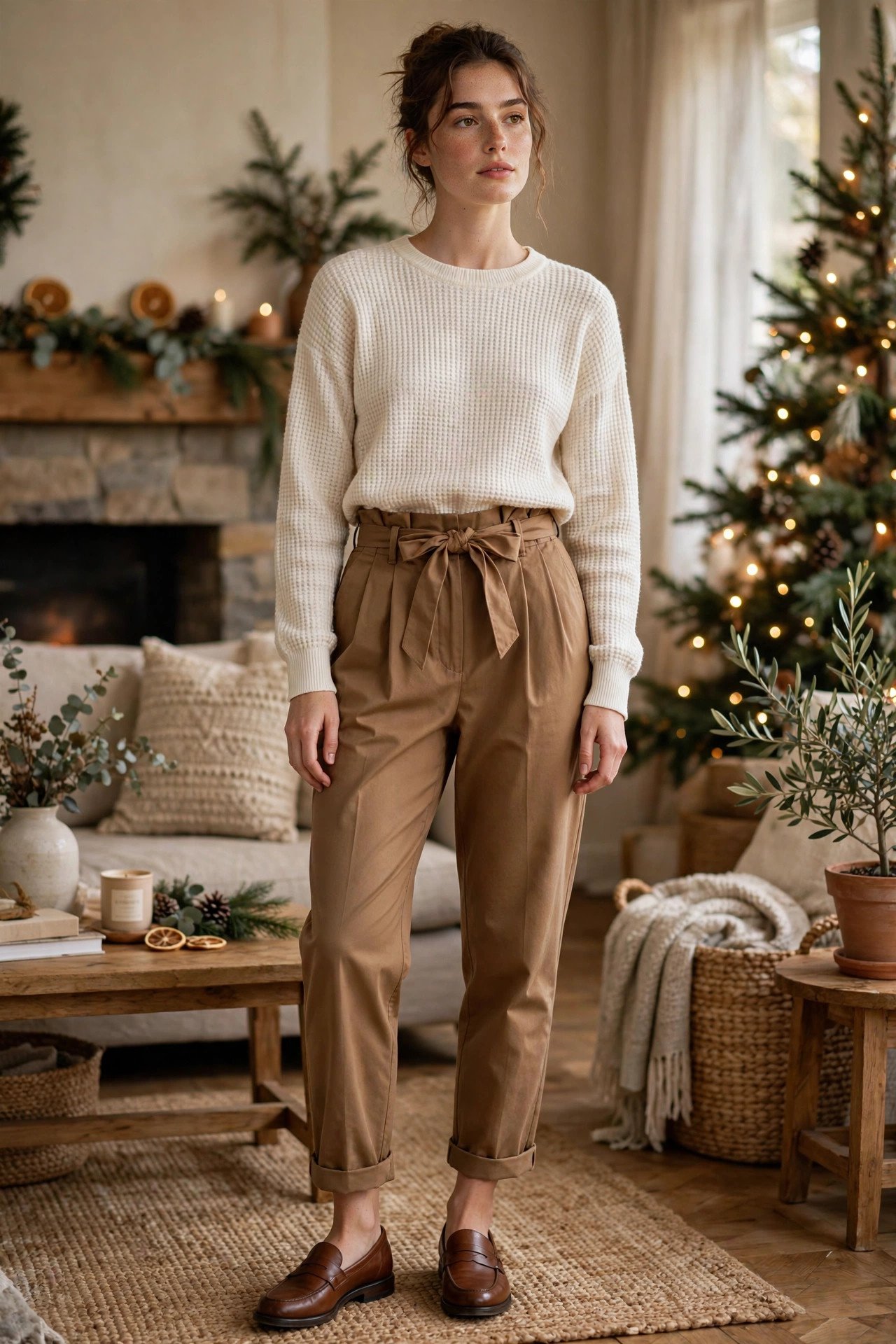 Waffle knit top with paperbag-waist pants