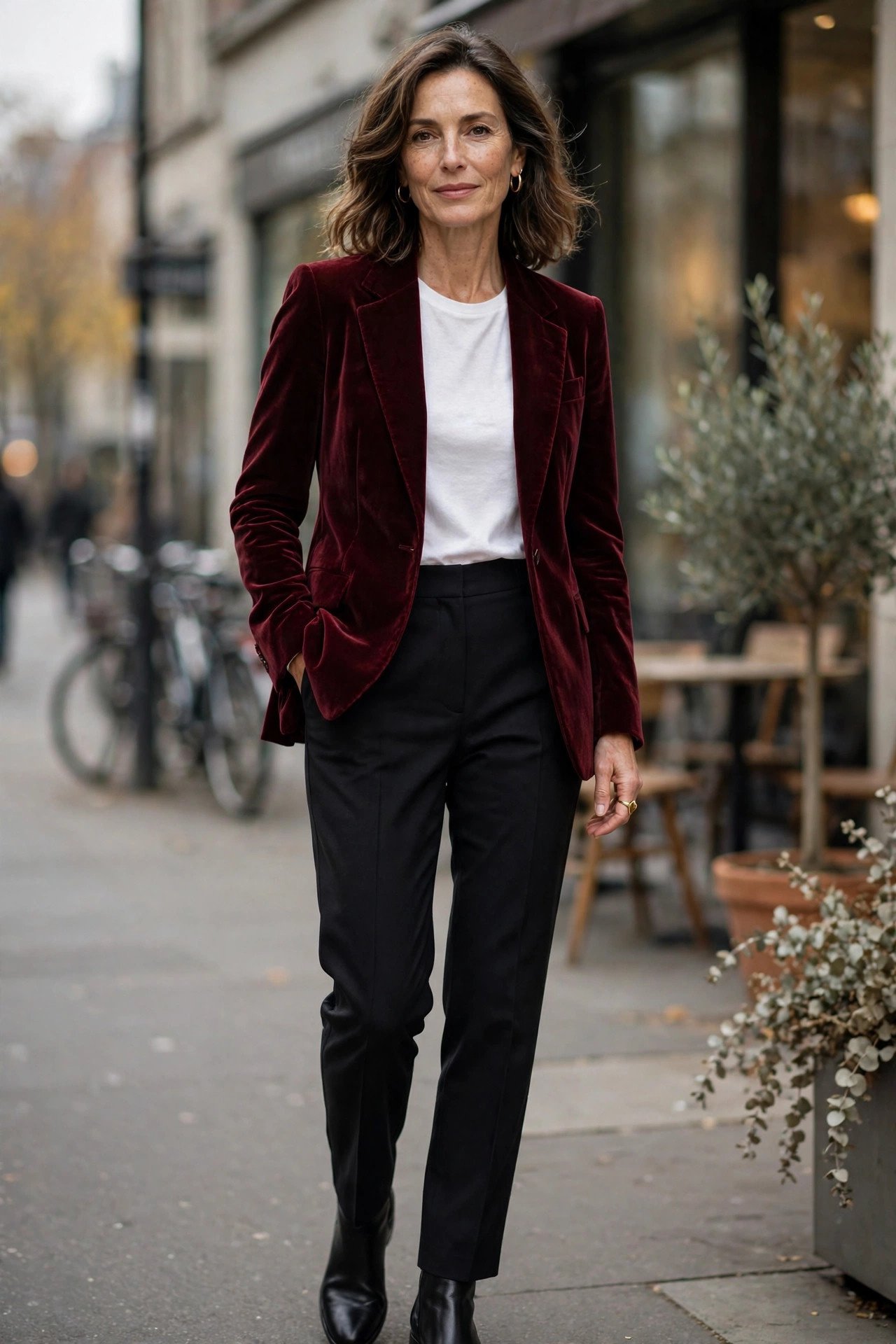 Woman wearing a burgundy velvet blazer with black trousers, holiday party look