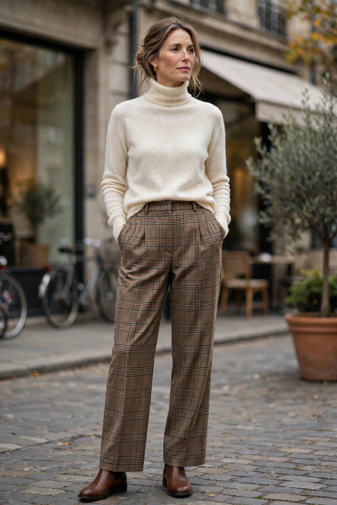 Woman in a cream turtleneck sweater with plaid trousers, winter outfit
