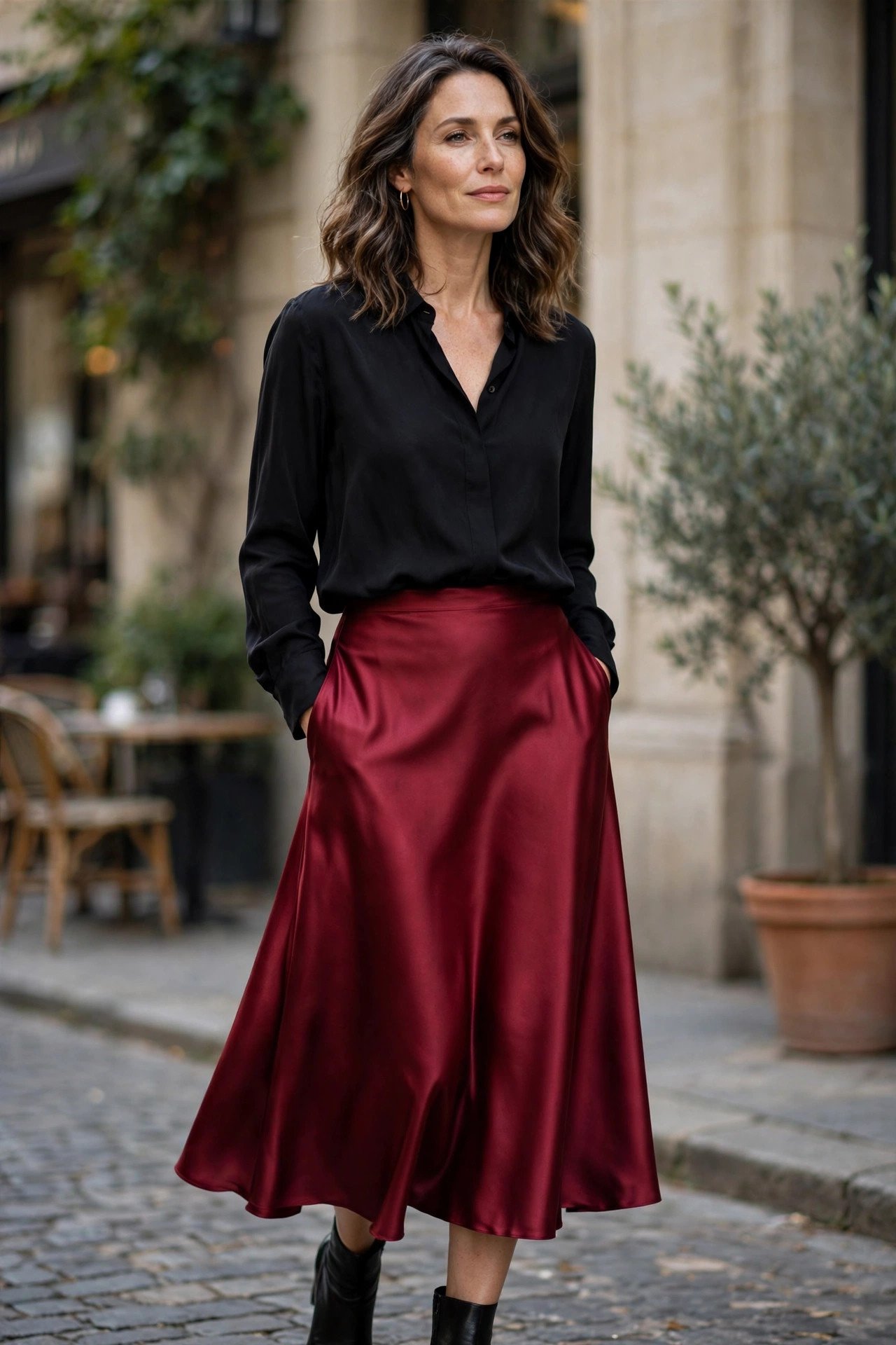 Woman in a wine red satin midi skirt with a black blouse