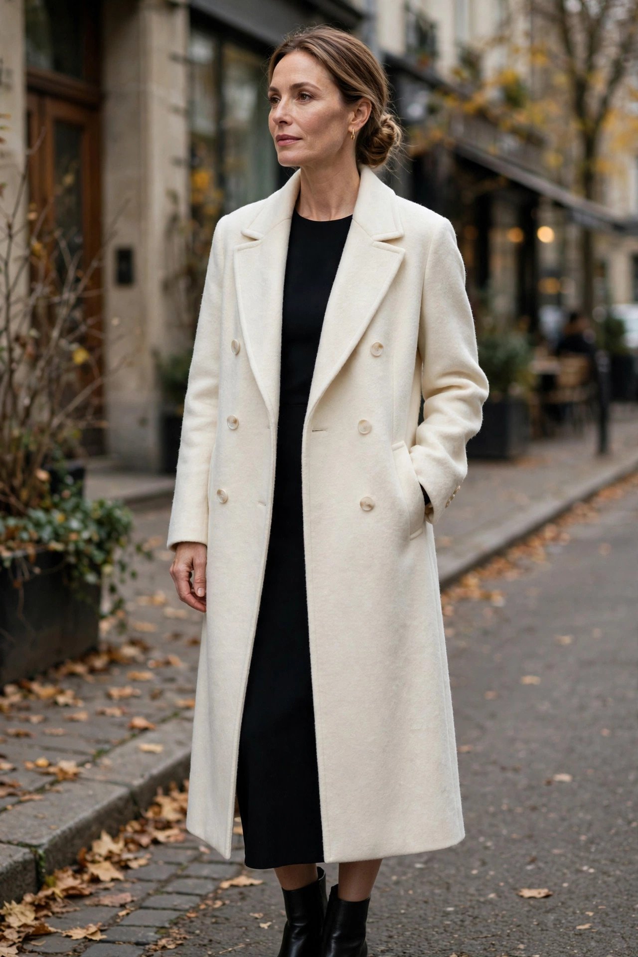 Woman in an ivory wool coat over a black dress, holiday evening