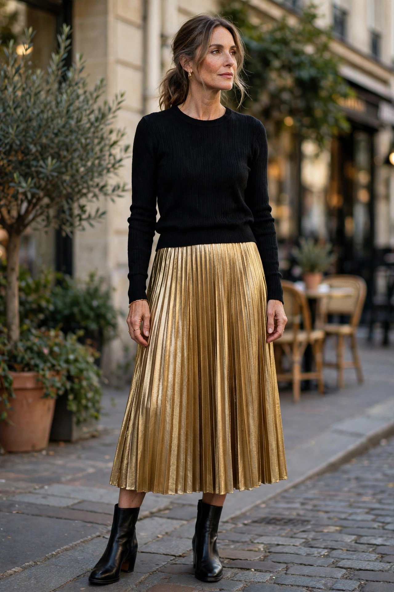 Woman wearing a gold pleated midi skirt with a black knit top