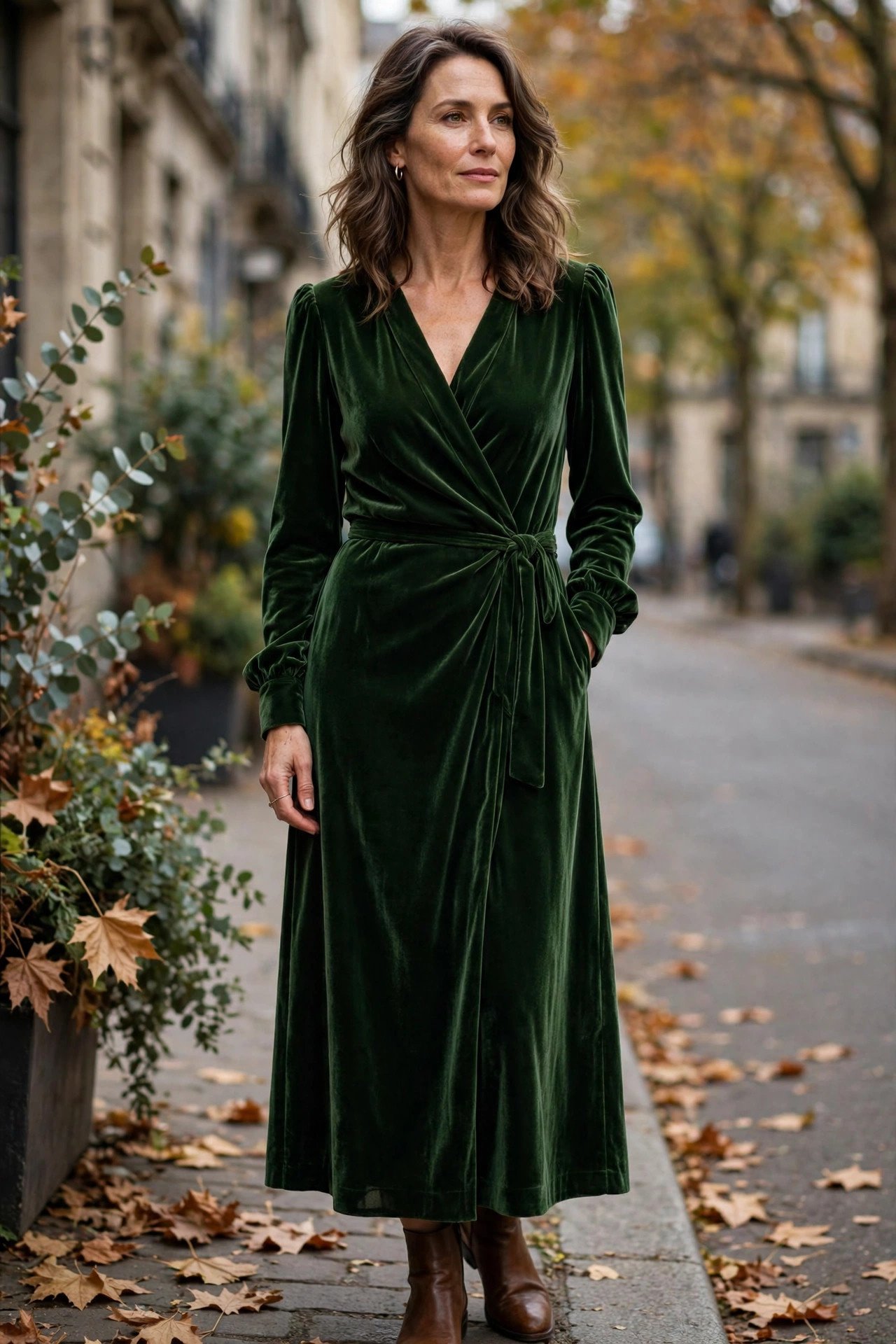 Woman in a forest green velvet dress at a Christmas party
