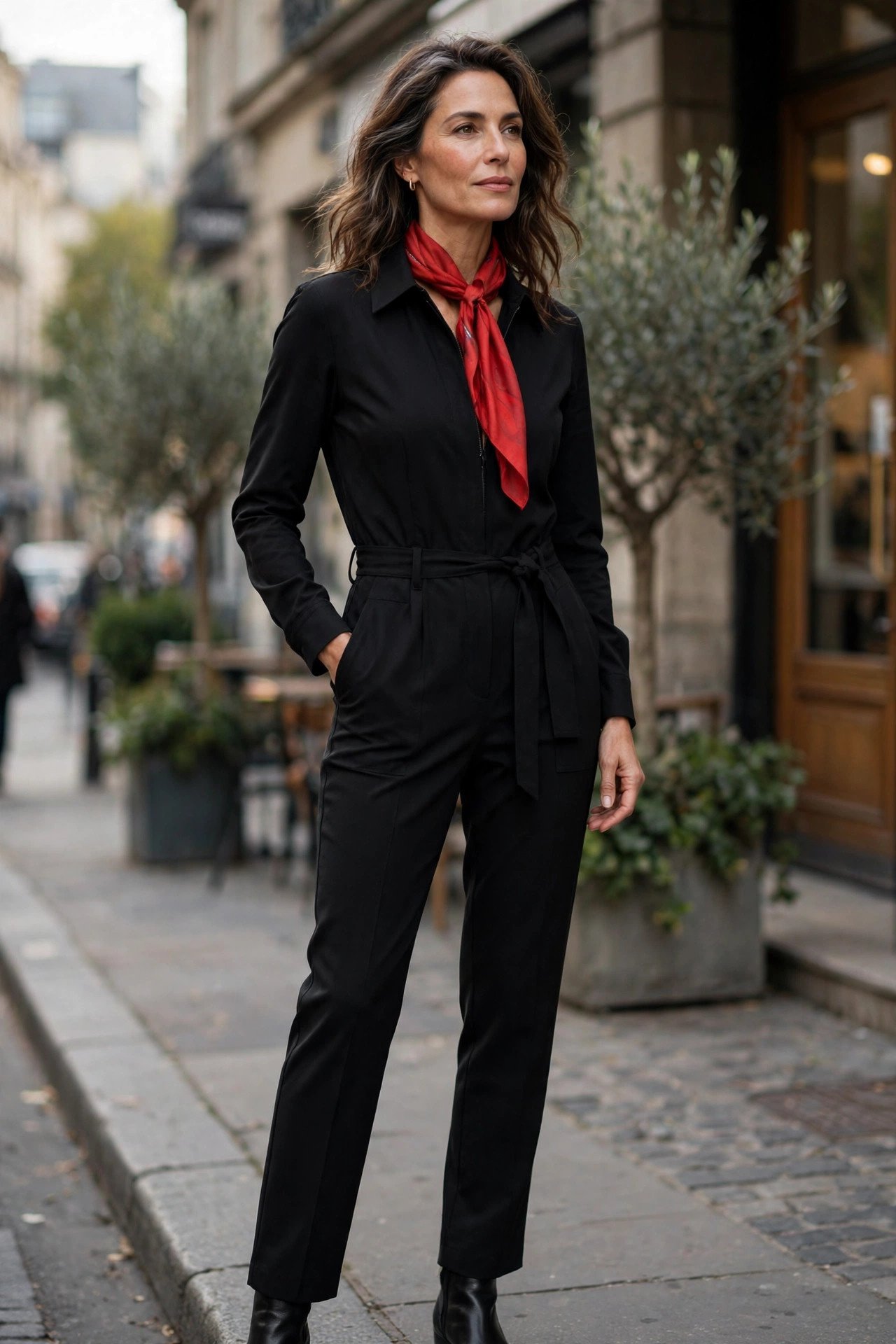 Woman in a black jumpsuit styled with a red scarf