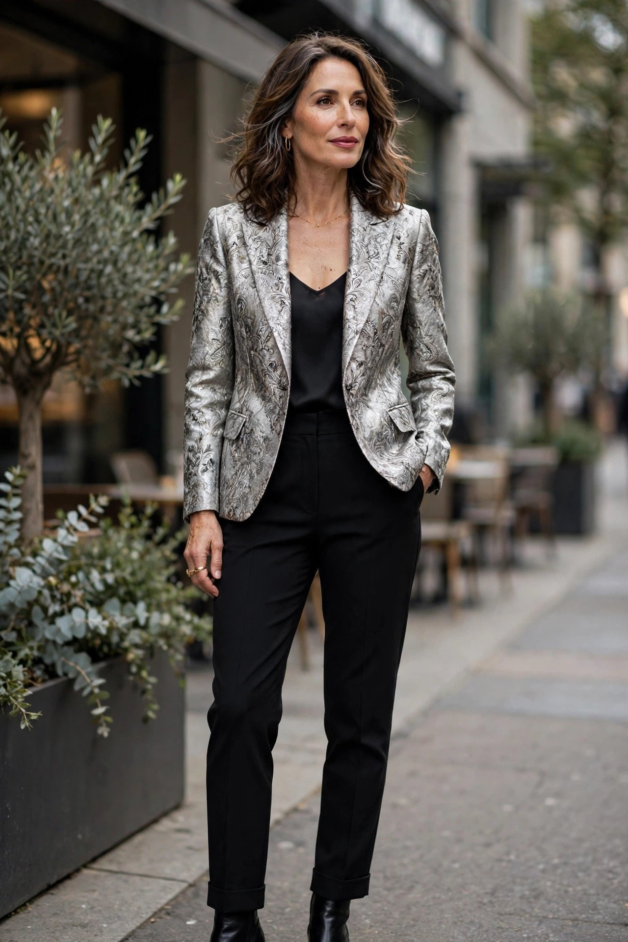 Woman wearing a silver brocade blazer with black pants, festive outfit