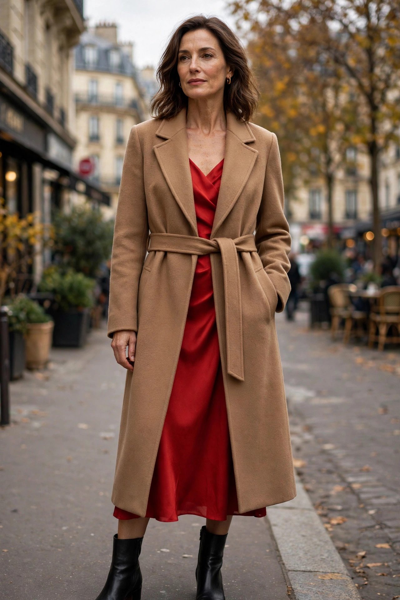 Woman in a camel coat over a red dress, winter holiday look