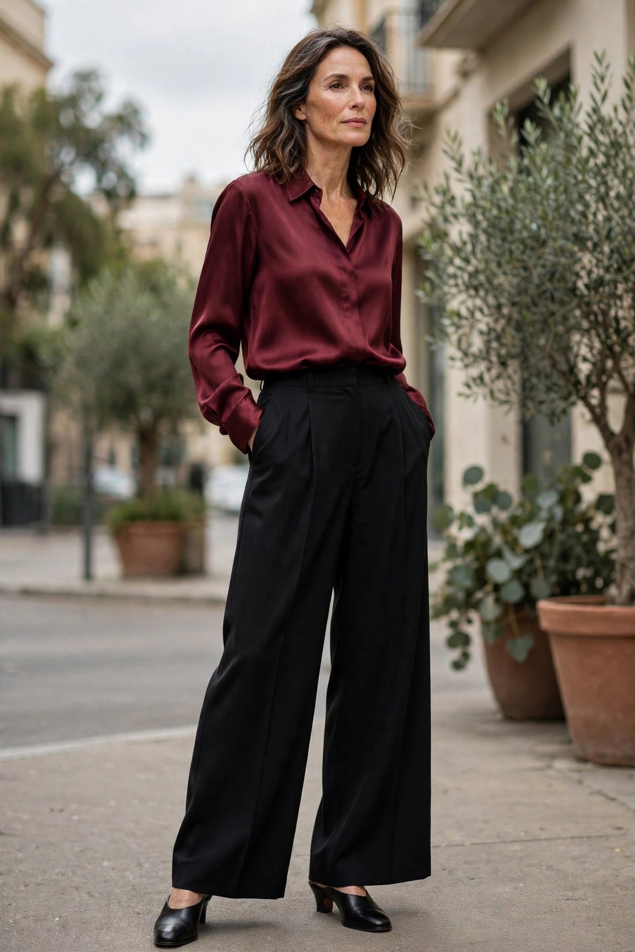 Woman in a burgundy silk blouse with black wide-leg trousers