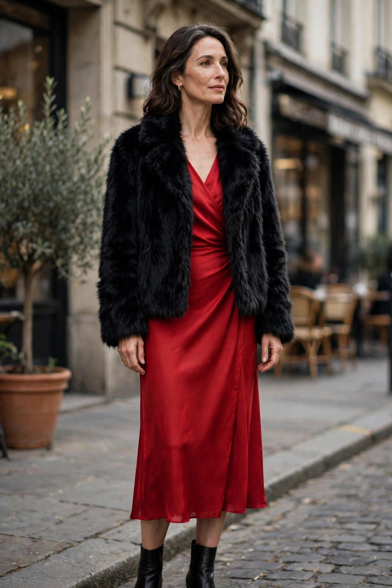 Woman wearing a black faux fur jacket over a red dress for evening