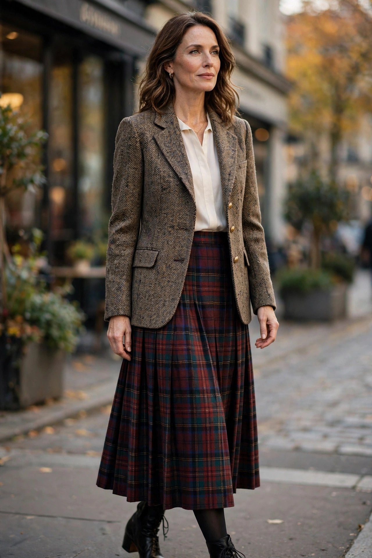 Woman in a tweed blazer with a plaid skirt, office holiday outfit