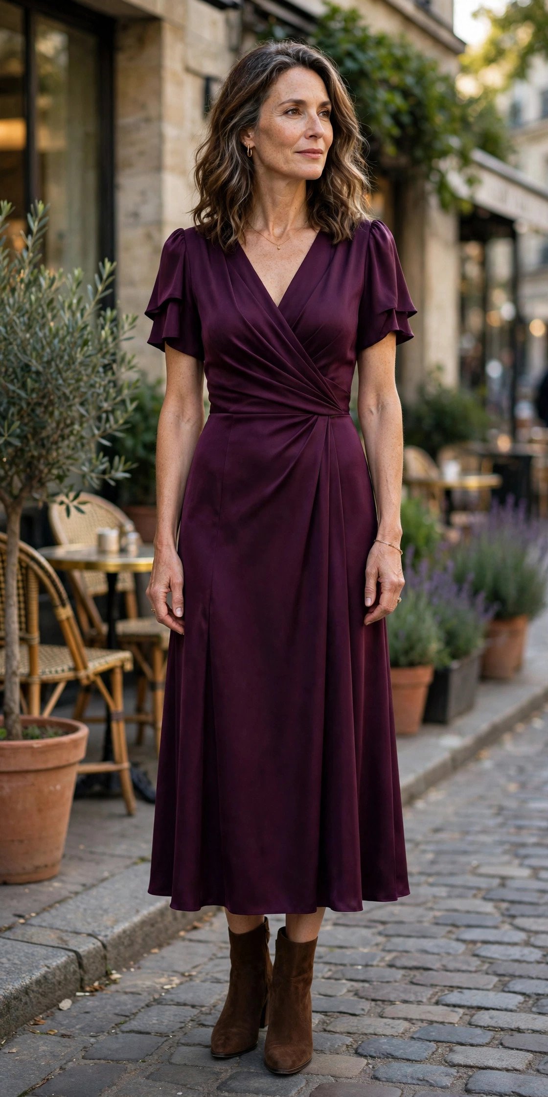Woman in a deep plum cocktail dress, elegant evening look