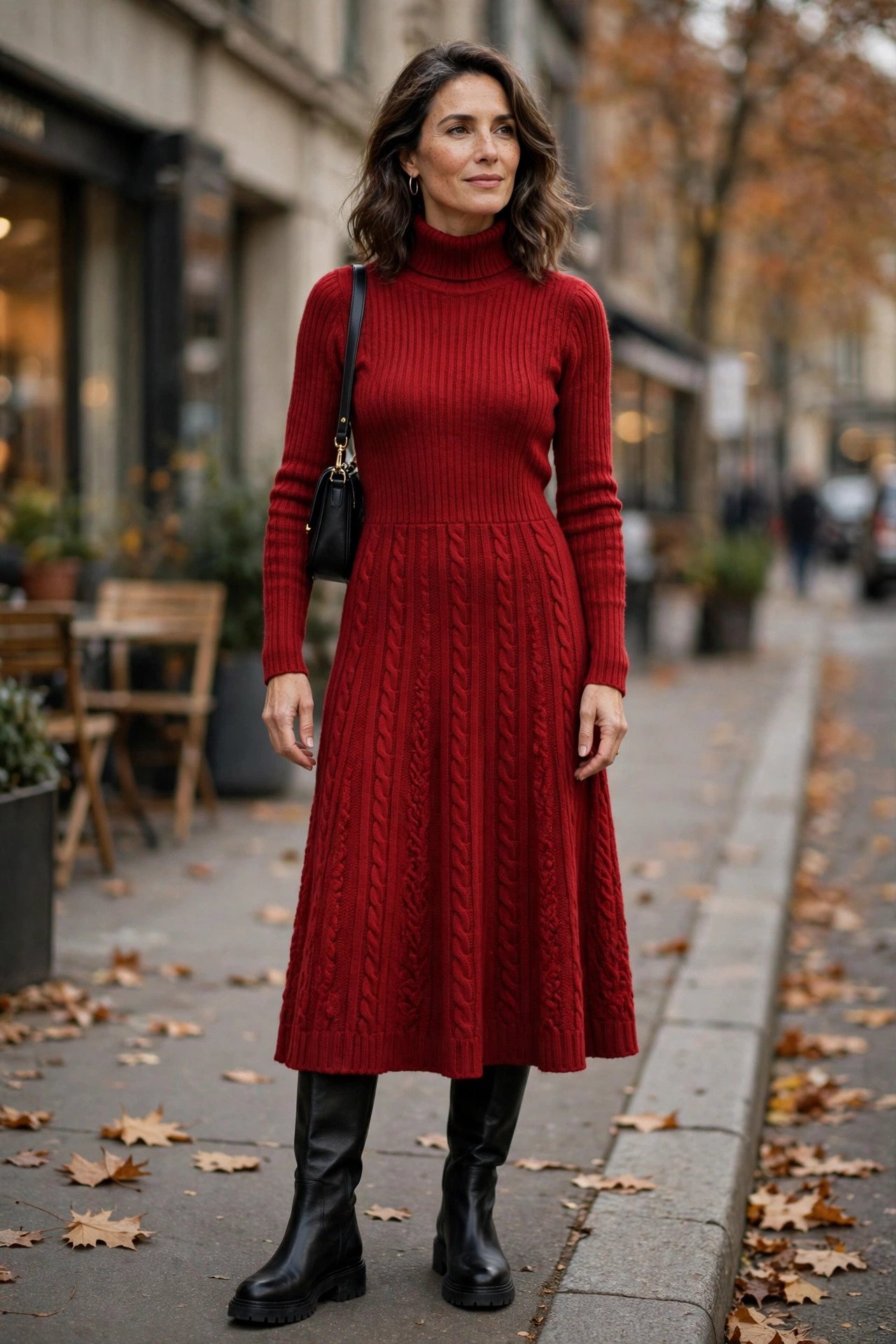 Woman in a red knit sweater dress with boots, casual Christmas look