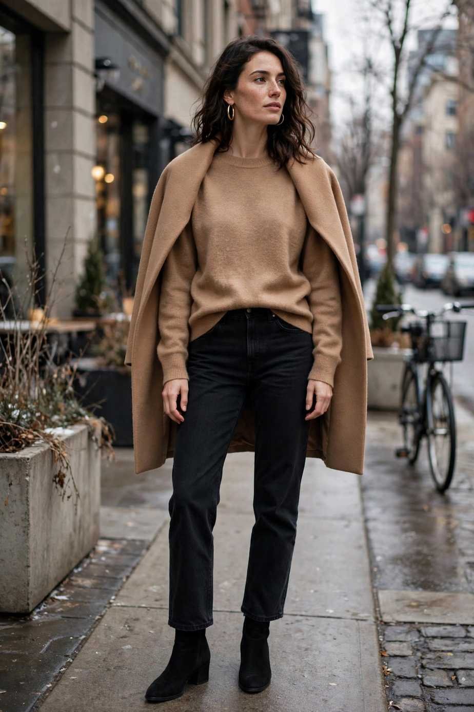 Black Jeans and Camel Sweater