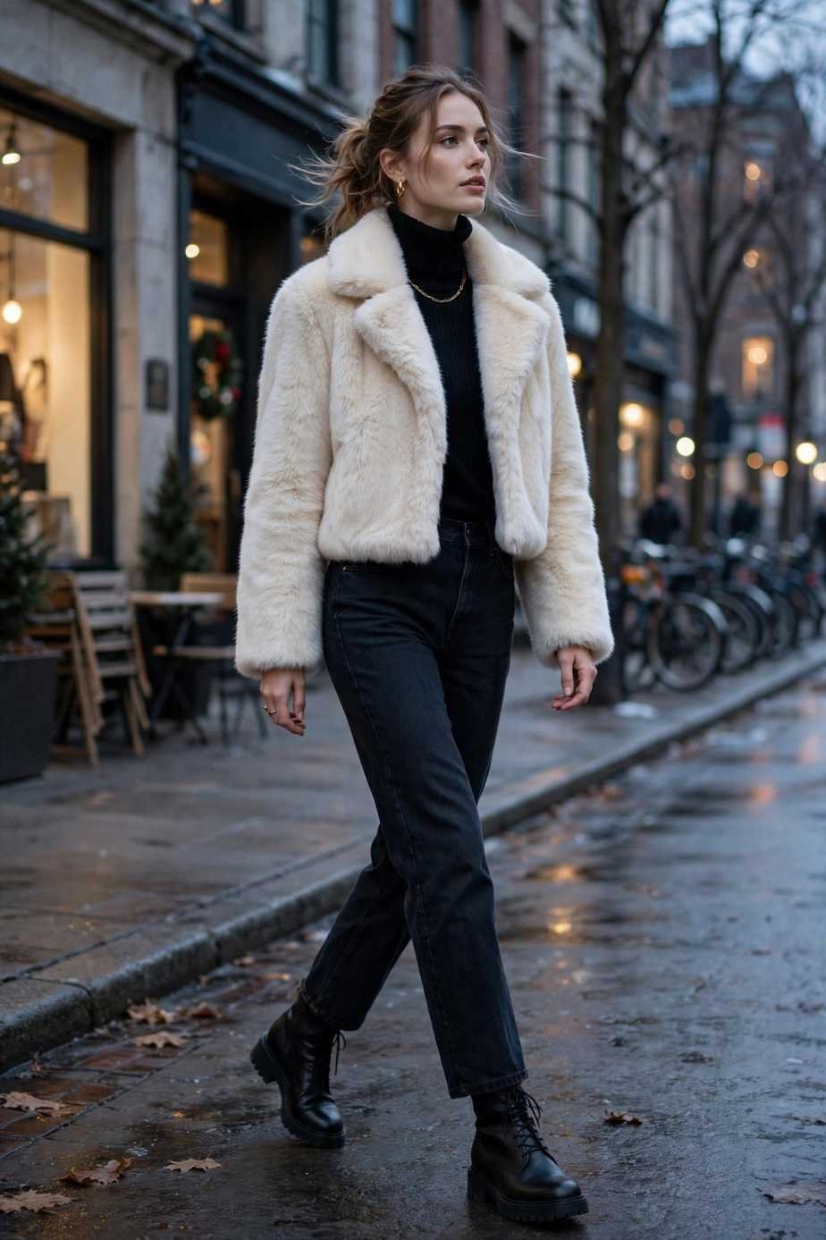 Cream Faux Fur Jacket and Jeans