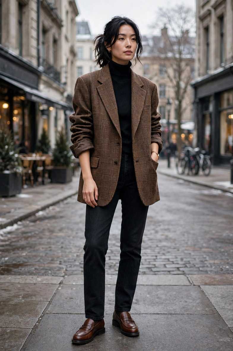 Plaid Blazer and Turtleneck Combo