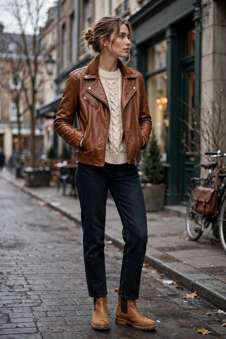 Brown Leather Jacket and Cream Knit