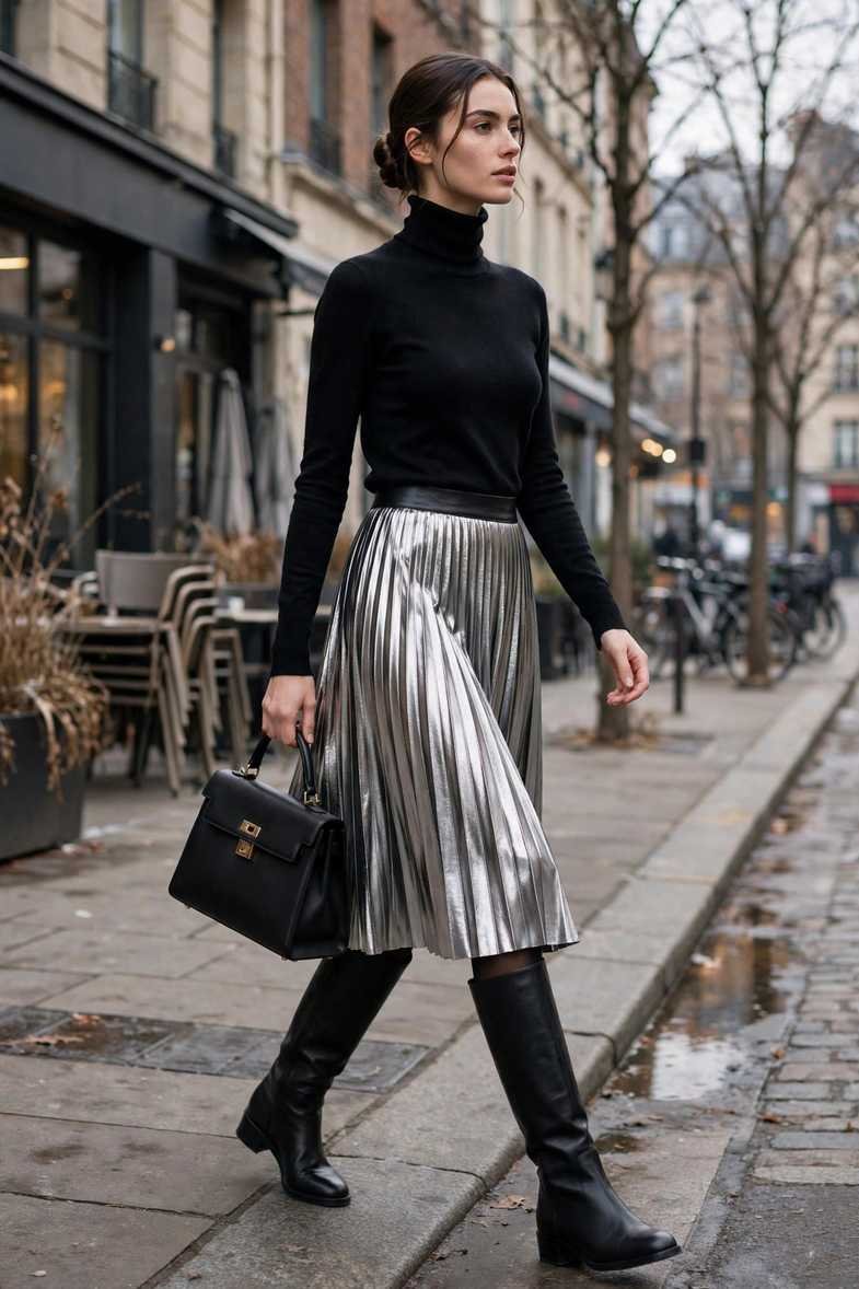 Pleated Midi Skirt and Turtleneck